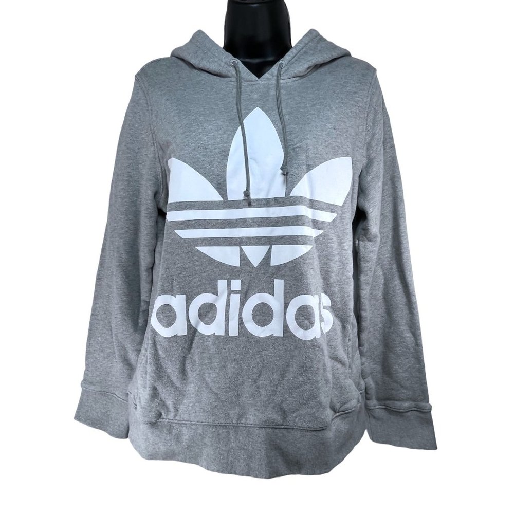 ADIDAS Pullover Hoodie Sz S Light Grey White Trefoil Logo Terrycloth Cotton Knit